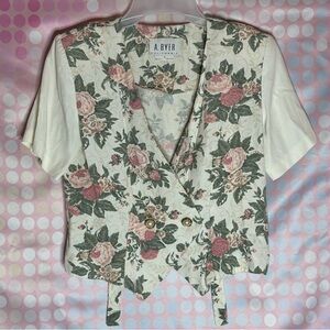 Vintage A. Floral Short Sleeved Shoulder Pad Button Up Blouse Vest Top